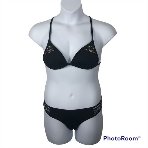 PINK Victoria’s Secret 2-Piece Black Tribal Embroidered Bikini Swim Set SM - Picture 1 of 14
